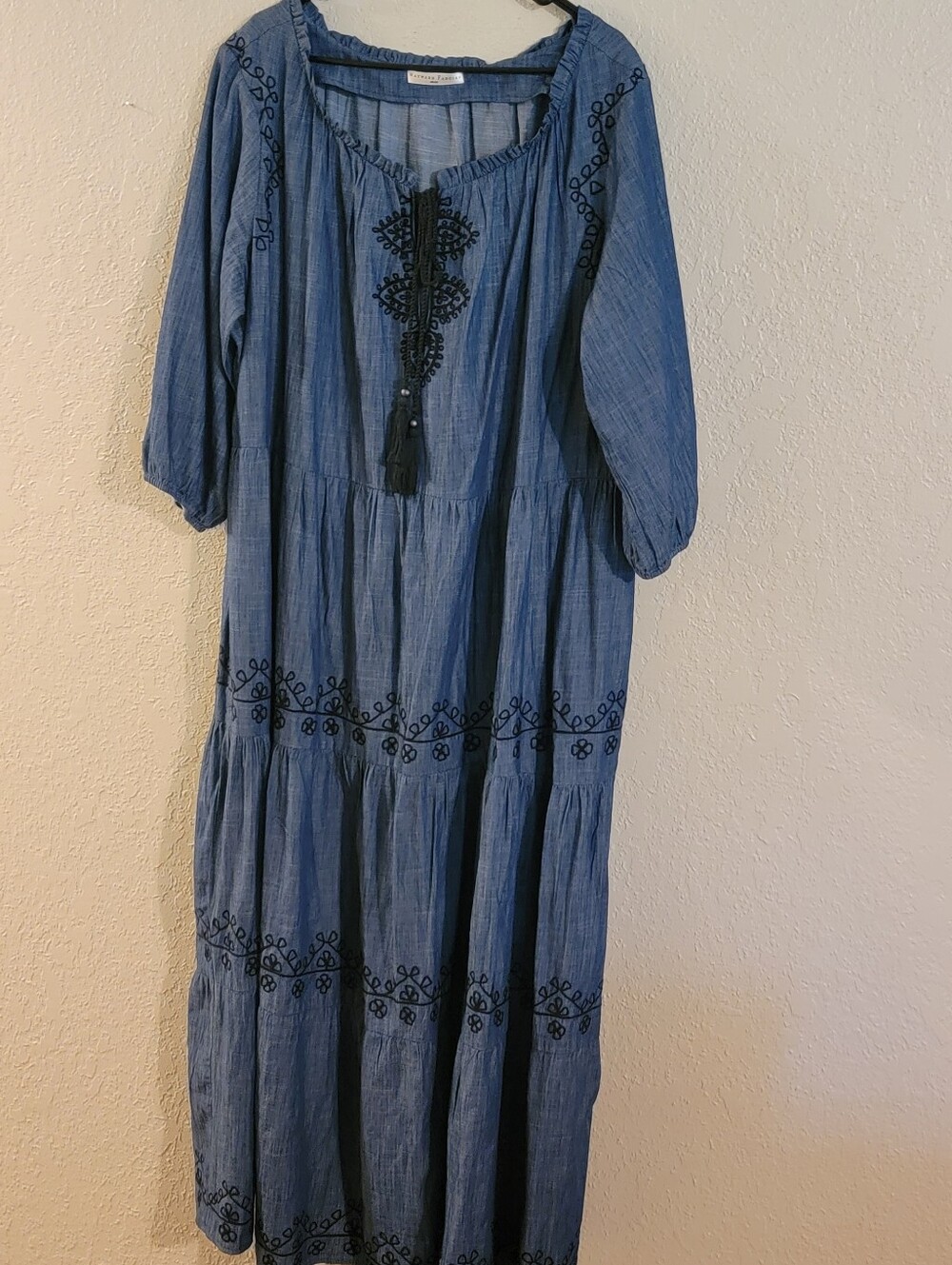 Boho Embroidered Blue Jean Maxi Dress - Lightweight Tiered Peasant Dress